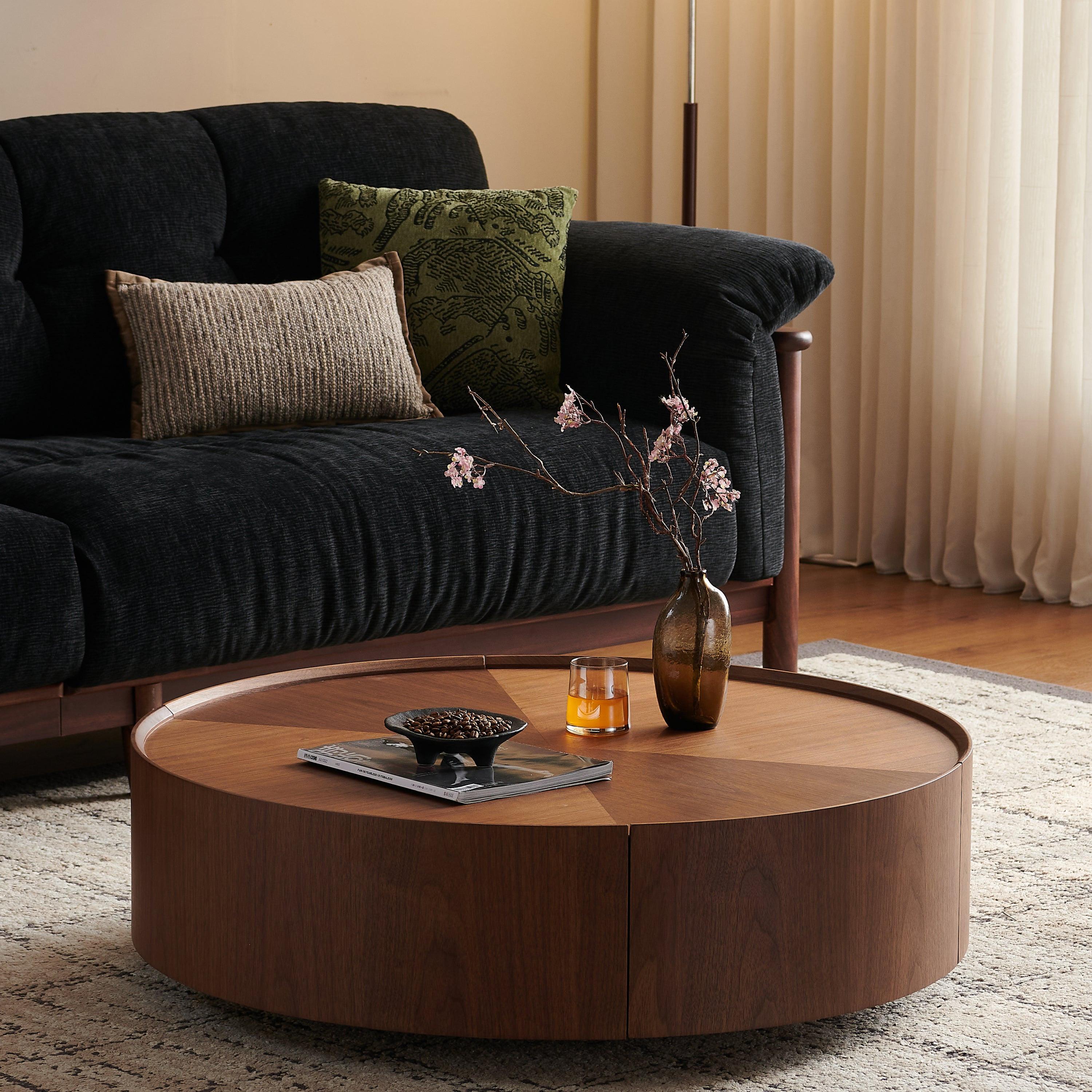 35.4-Inch Walnut Coffee Table with Circular Design.