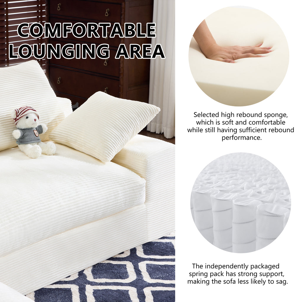 Close-up of White Corduroy Sofa highlighting soft cushioning and spring support system for enhanced lounging comfort.