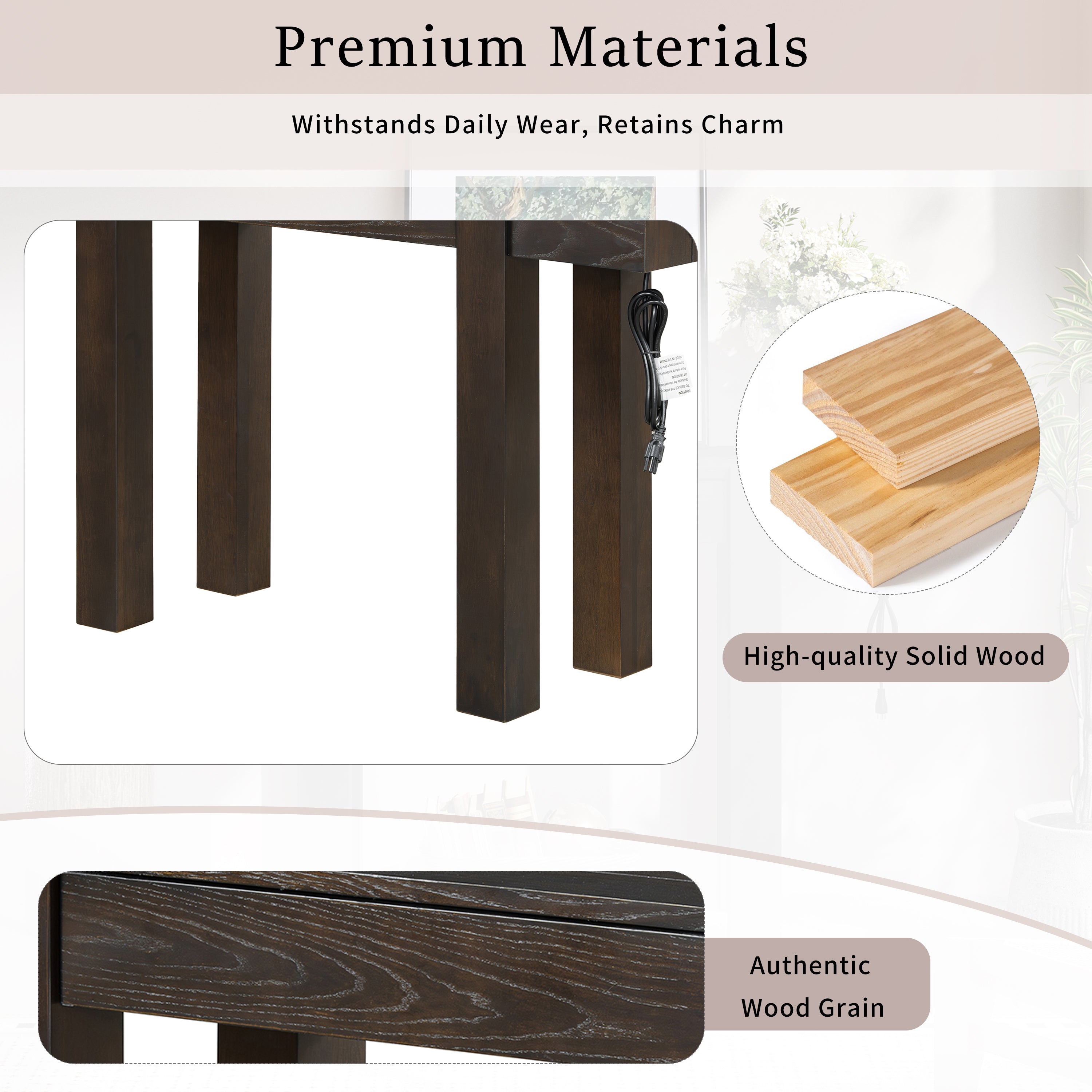 Close-up of rustic console table showing high-quality solid wood and authentic wood grain. Built to withstand daily wear and retain charm.