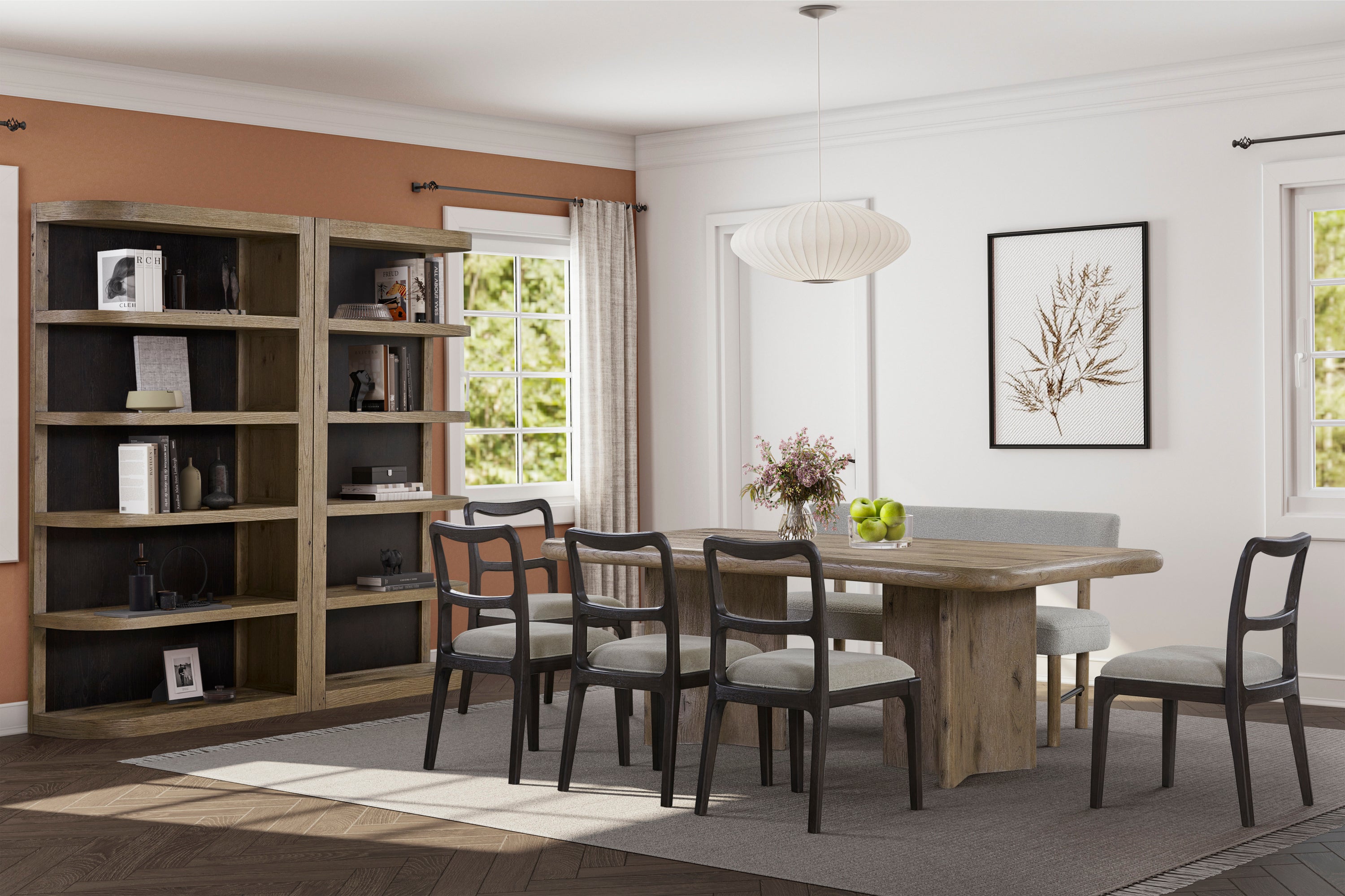 Reversible Oak Etagere used in a dining room setting, paired with matching oak furniture for cohesive solid wood design.