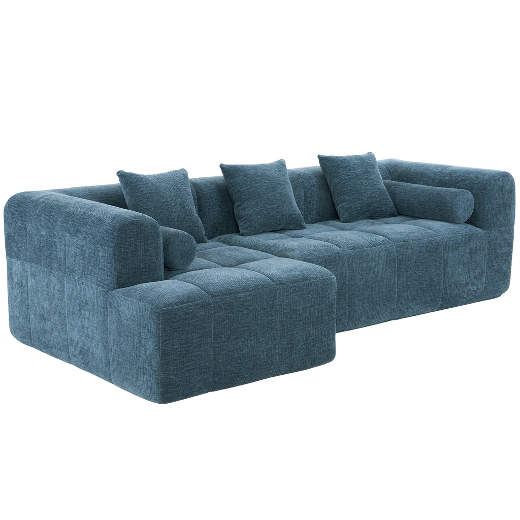 101-Inch Modular Blue Chenille Sofa with Deep Seating and Pockets