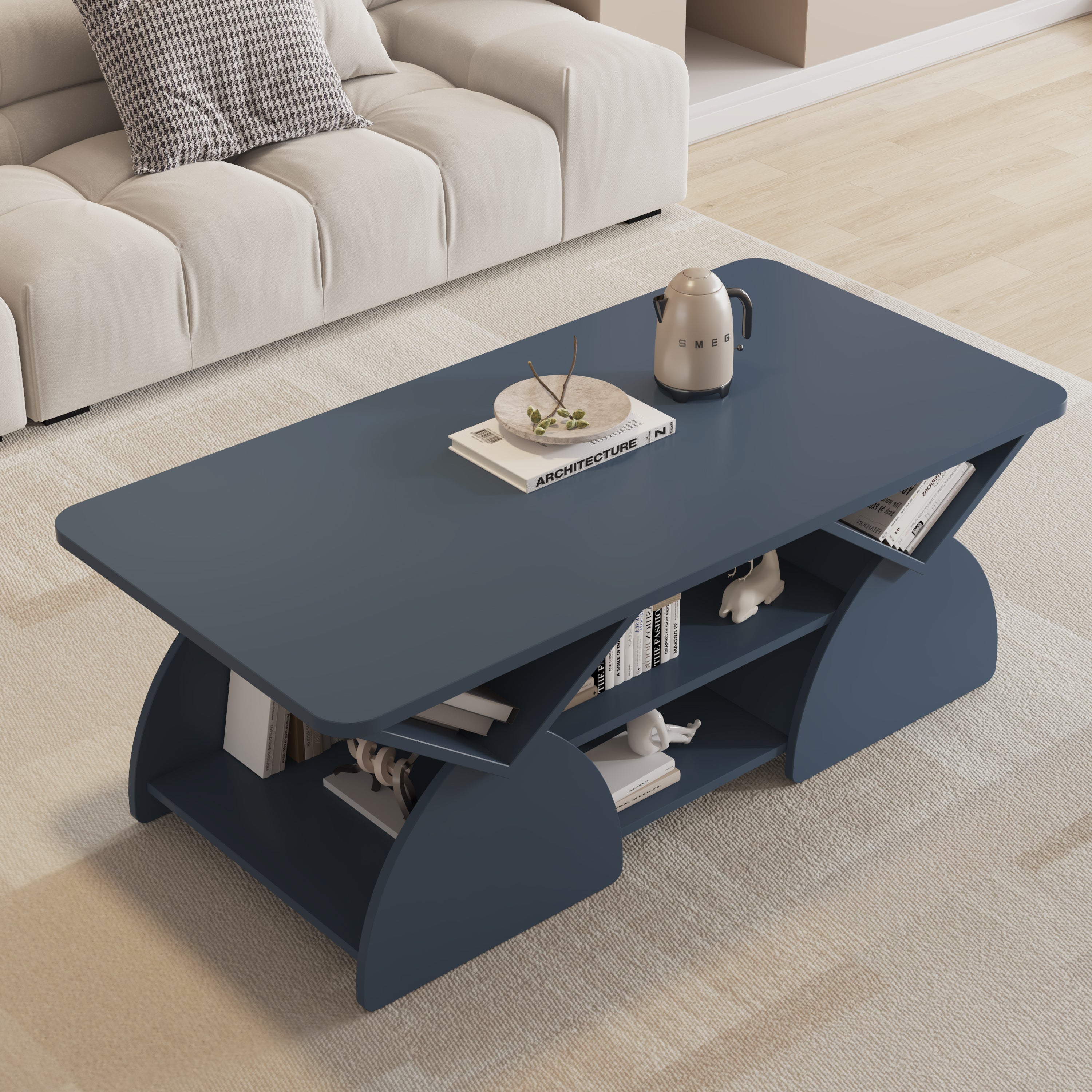 Angled top view of Blue Geometric Coffee Table with Open Shelves, highlighting its smooth surface and functional storage layout.
