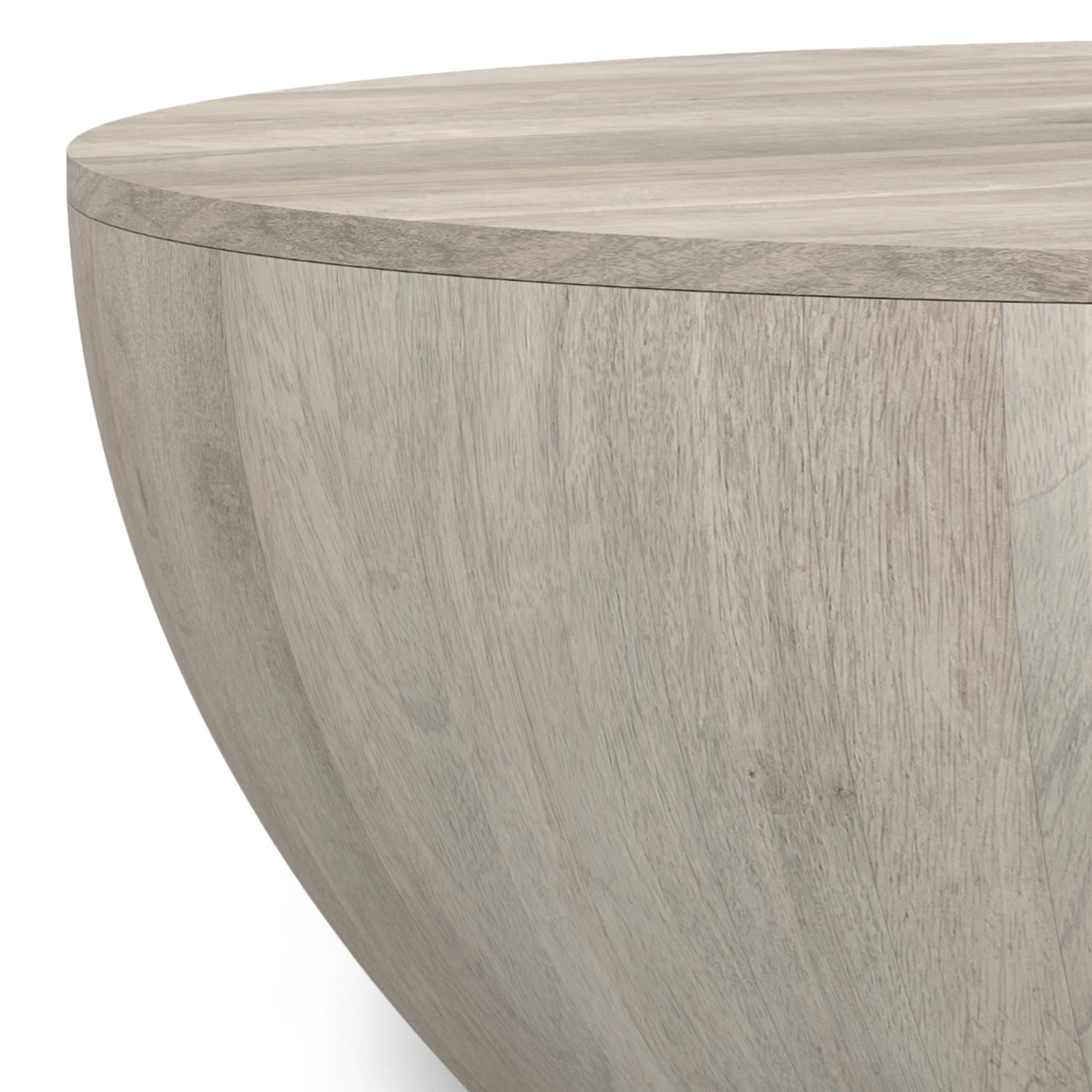 Close-up of the Elmbrook Drum Coffee Table's rustic white wood texture, highlighting the smooth finish and natural wood grain detail.