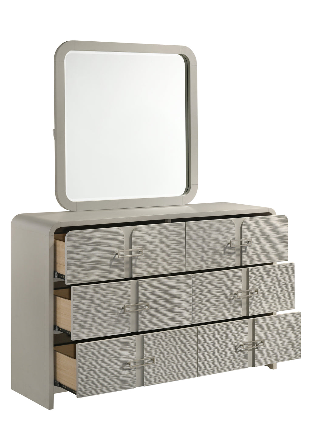 Modern 6-Drawer Dresser fully opened with textured fronts and metal handles, paired with a matching mirror for a complete bedroom set.