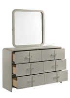 Modern 6-Drawer Dresser fully opened with textured fronts and metal handles, paired with a matching mirror for a complete bedroom set.