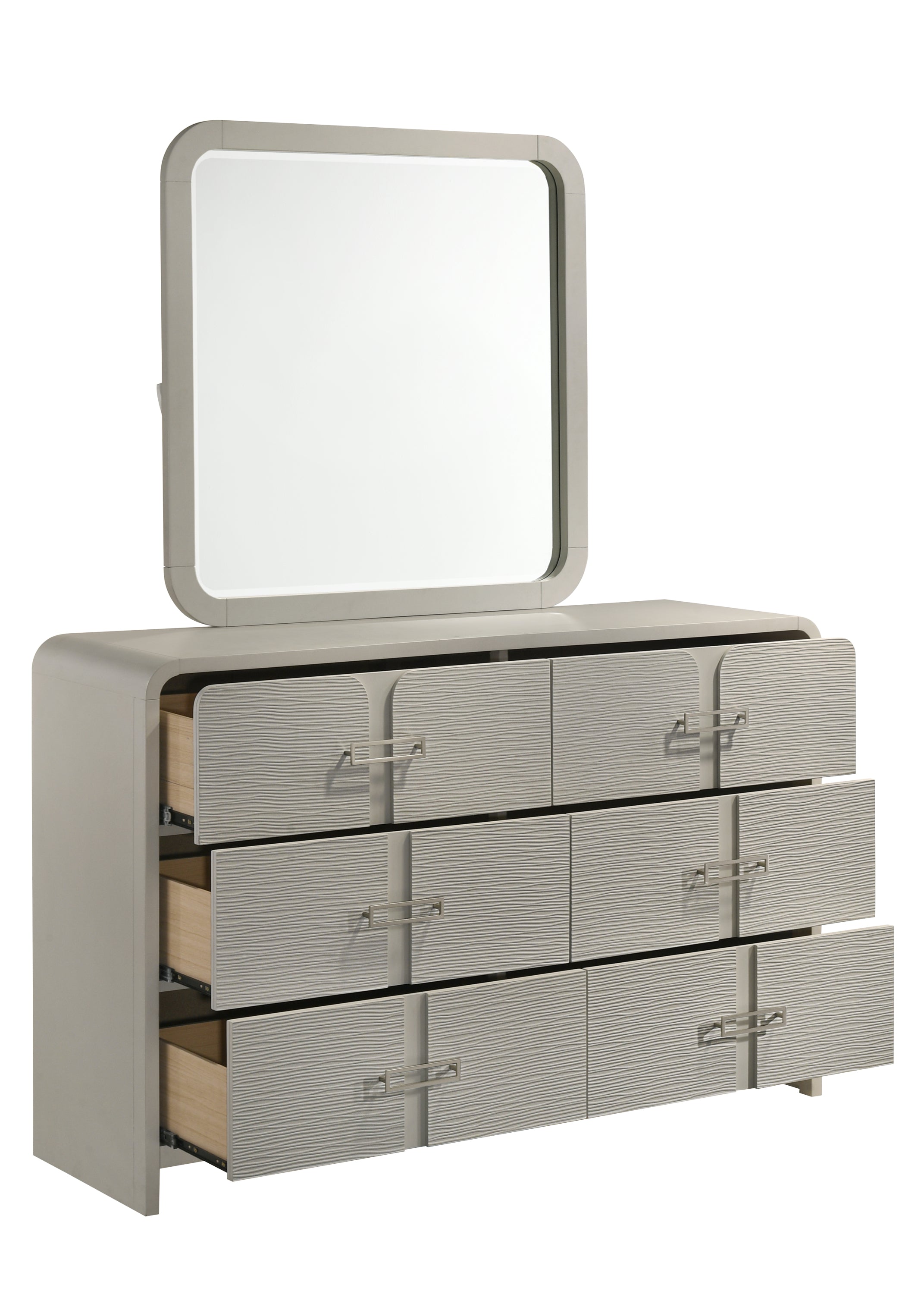 Modern 6-Drawer Dresser fully opened with textured fronts and metal handles, paired with a matching mirror for a complete bedroom set.