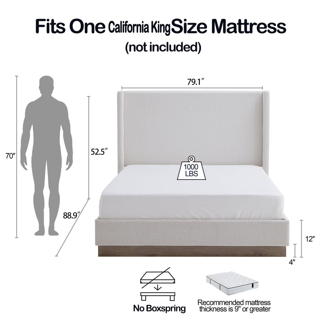 Minimalist Upholstered Wingback Bed with Wood Base Platform.