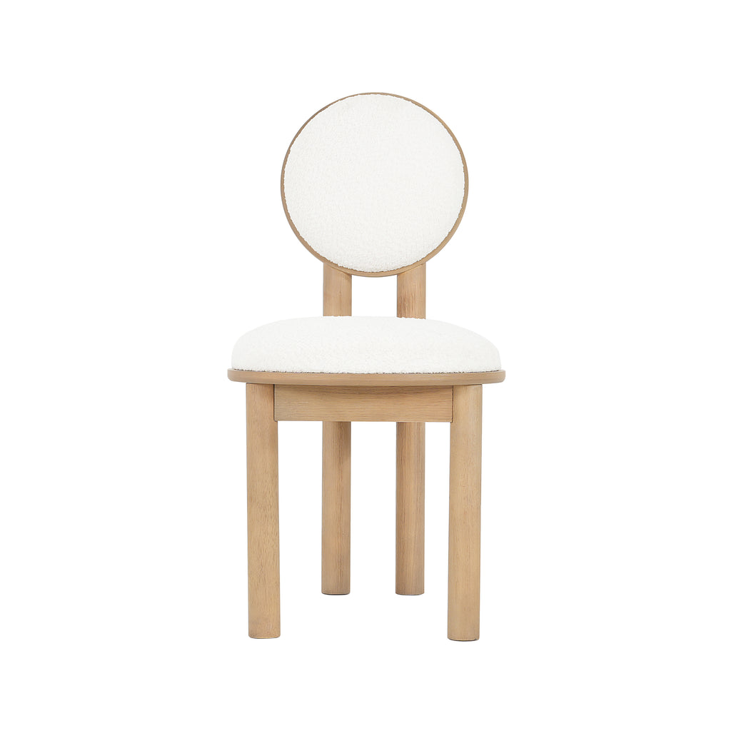Single polyester dining chair with cushioned seat and circular backrest supported by a natural wood frame.