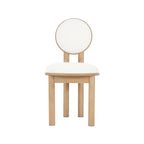 Single polyester dining chair with cushioned seat and circular backrest supported by a natural wood frame.
