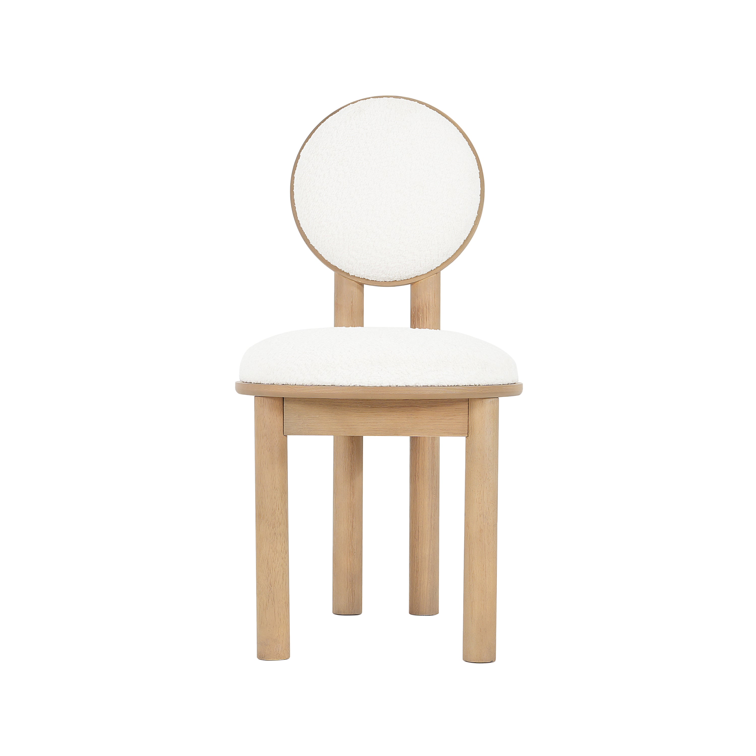 Single polyester dining chair with cushioned seat and circular backrest supported by a natural wood frame.
