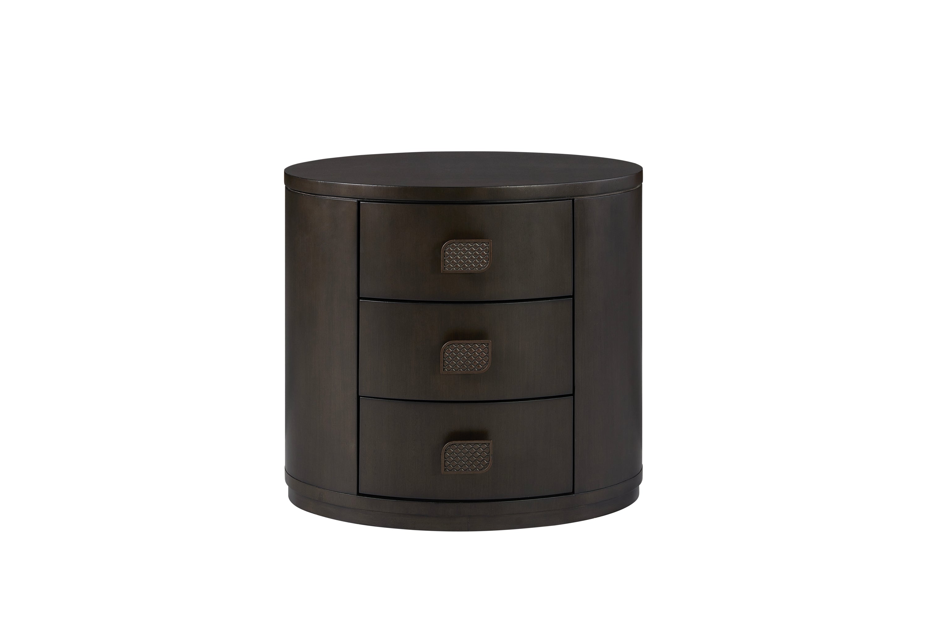 3 Drawer Oval Nightstand with USB in black wood finish featuring soft-close drawers and textured handles. Perfect for modern bedroom storage and charging.