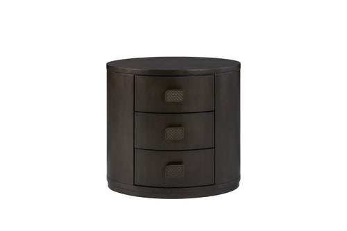 3 Drawer Oval Nightstand with USB in black wood finish featuring soft-close drawers and textured handles. Perfect for modern bedroom storage and charging.