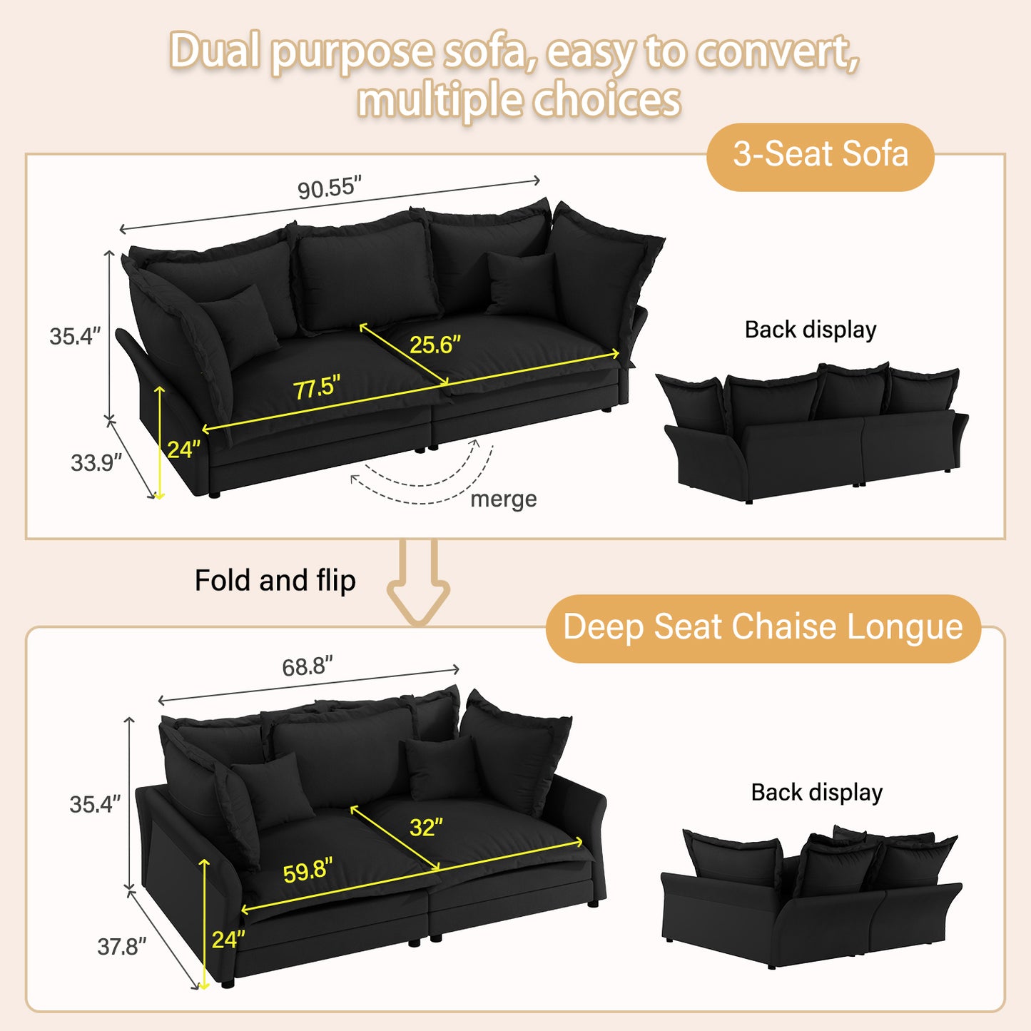 90.55 Modern Comfy Upholstered Sofa Cloud Couch, Deep Seat Couches with Multiple Large Soft Pillows,Convertible Deep Seat Chaise Longue for Living Room Bedroom,Apartment,Office,BLACK
