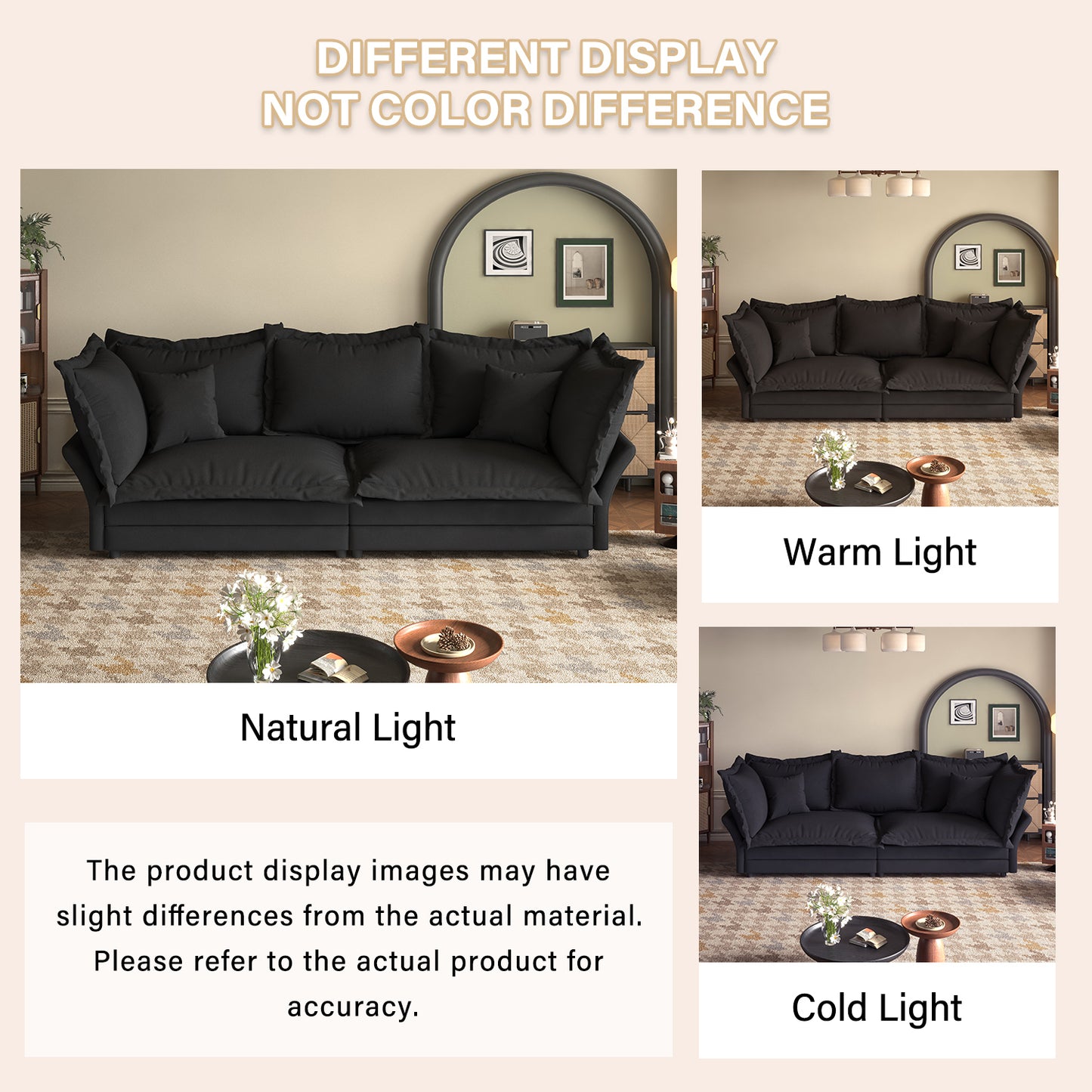 90.55 Modern Comfy Upholstered Sofa Cloud Couch, Deep Seat Couches with Multiple Large Soft Pillows,Convertible Deep Seat Chaise Longue for Living Room Bedroom,Apartment,Office,BLACK