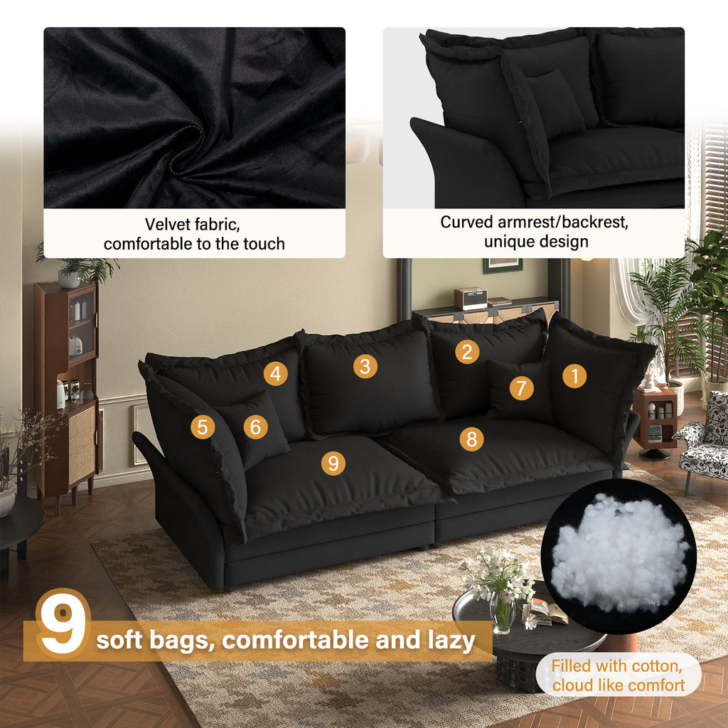 90.55 Modern Comfy Upholstered Sofa Cloud Couch, Deep Seat Couches with Multiple Large Soft Pillows,Convertible Deep Seat Chaise Longue for Living Room Bedroom,Apartment,Office,BLACK