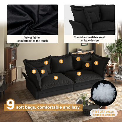 90.55 Modern Comfy Upholstered Sofa Cloud Couch, Deep Seat Couches with Multiple Large Soft Pillows,Convertible Deep Seat Chaise Longue for Living Room Bedroom,Apartment,Office,BLACK