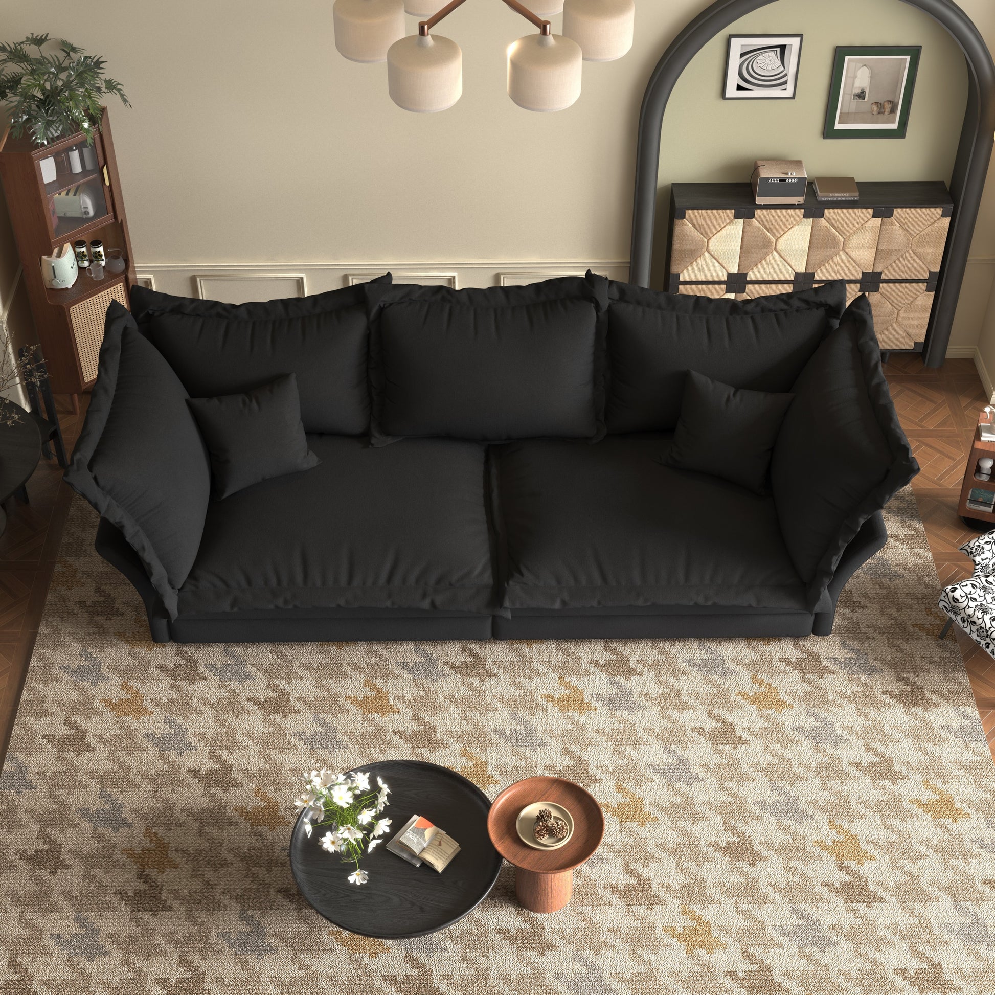 90.55 Modern Comfy Upholstered Sofa Cloud Couch, Deep Seat Couches with Multiple Large Soft Pillows,Convertible Deep Seat Chaise Longue for Living Room Bedroom,Apartment,Office,BLACK