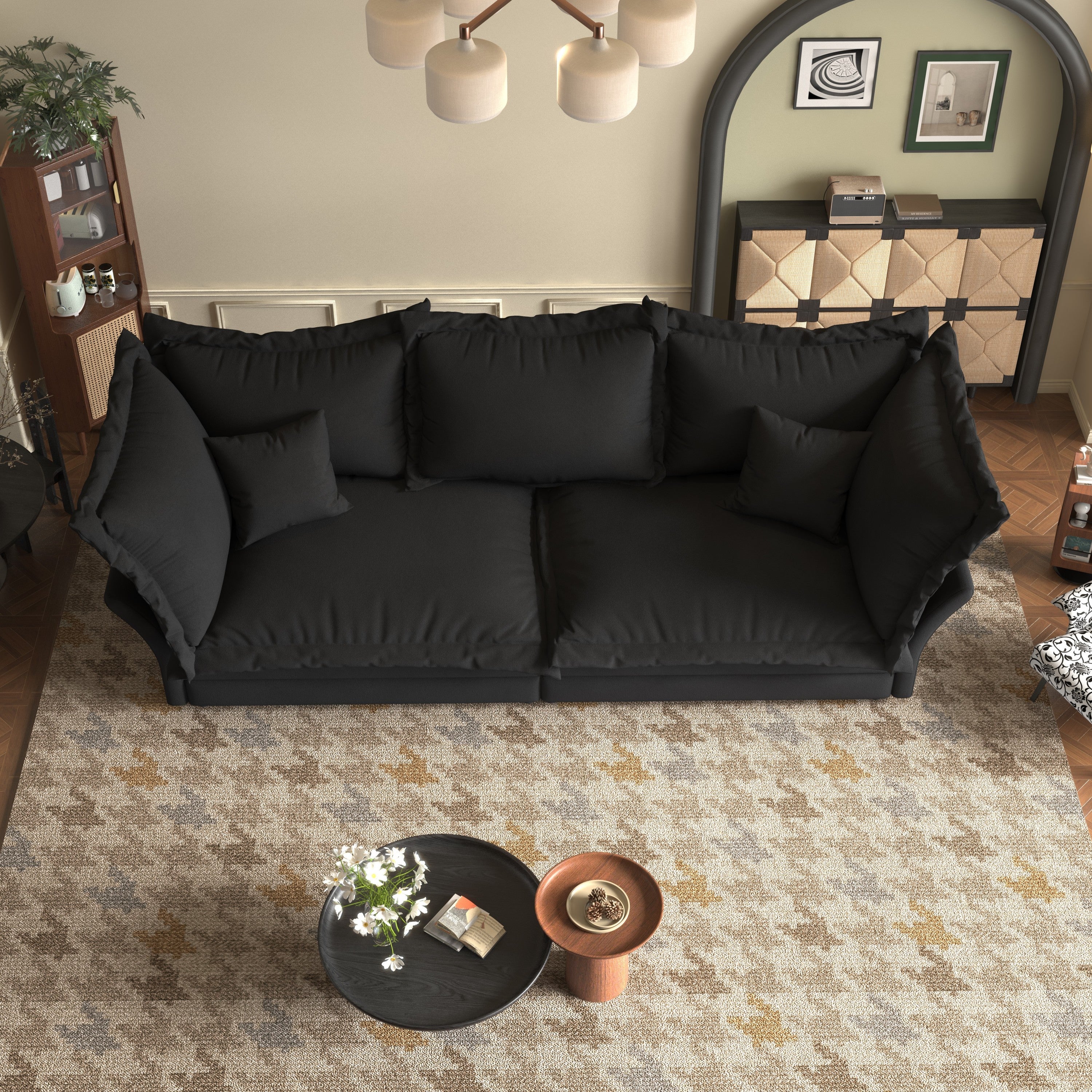 90.55 Modern Comfy Upholstered Sofa Cloud Couch, Deep Seat Couches with Multiple Large Soft Pillows,Convertible Deep Seat Chaise Longue for Living Room Bedroom,Apartment,Office,BLACK