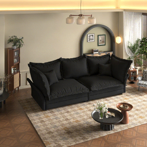 90.55 Modern Comfy Upholstered Sofa Cloud Couch, Deep Seat Couches with Multiple Large Soft Pillows,Convertible Deep Seat Chaise Longue for Living Room Bedroom,Apartment,Office,BLACK