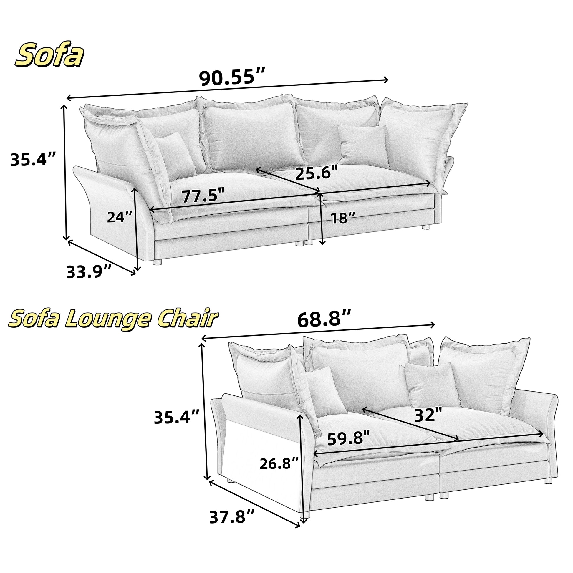 90.55 Modern Comfy Upholstered Sofa Cloud Couch, Deep Seat Couches with Multiple Large Soft Pillows,Convertible Deep Seat Chaise Longue for Living Room Bedroom,Apartment,Office,BEIGE