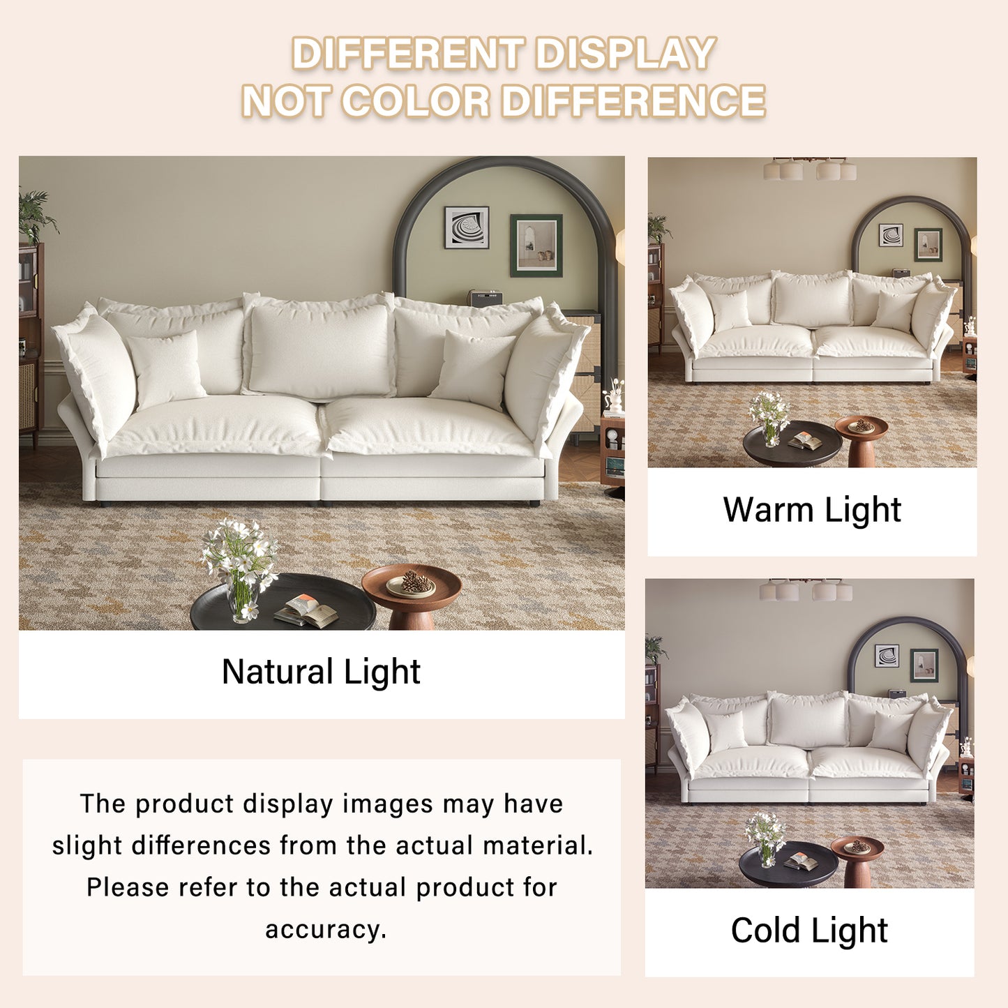 90.55 Modern Comfy Upholstered Sofa Cloud Couch, Deep Seat Couches with Multiple Large Soft Pillows,Convertible Deep Seat Chaise Longue for Living Room Bedroom,Apartment,Office,BEIGE