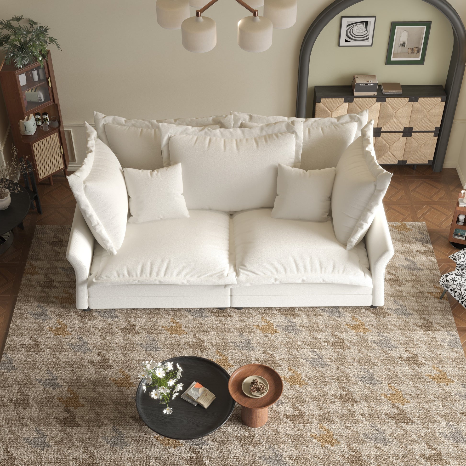 90.55 Modern Comfy Upholstered Sofa Cloud Couch, Deep Seat Couches with Multiple Large Soft Pillows,Convertible Deep Seat Chaise Longue for Living Room Bedroom,Apartment,Office,BEIGE