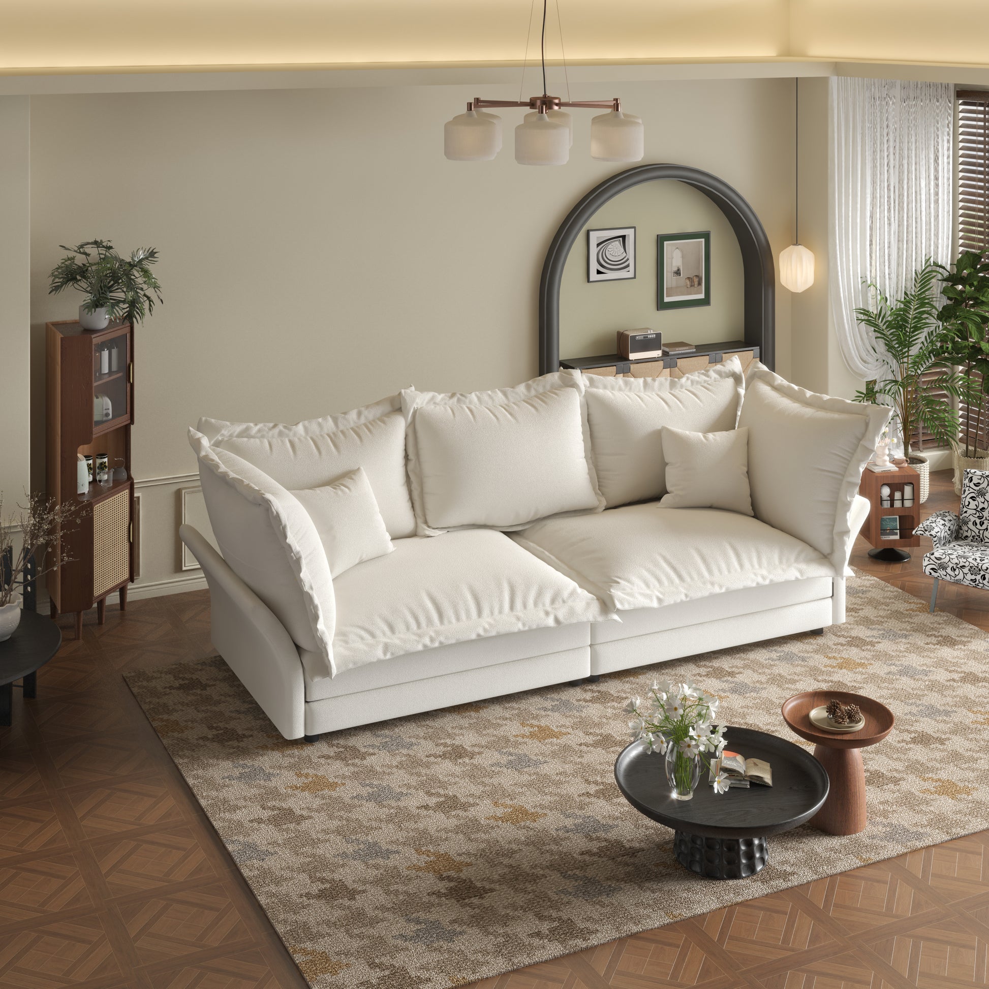 90.55 Modern Comfy Upholstered Sofa Cloud Couch, Deep Seat Couches with Multiple Large Soft Pillows,Convertible Deep Seat Chaise Longue for Living Room Bedroom,Apartment,Office,BEIGE