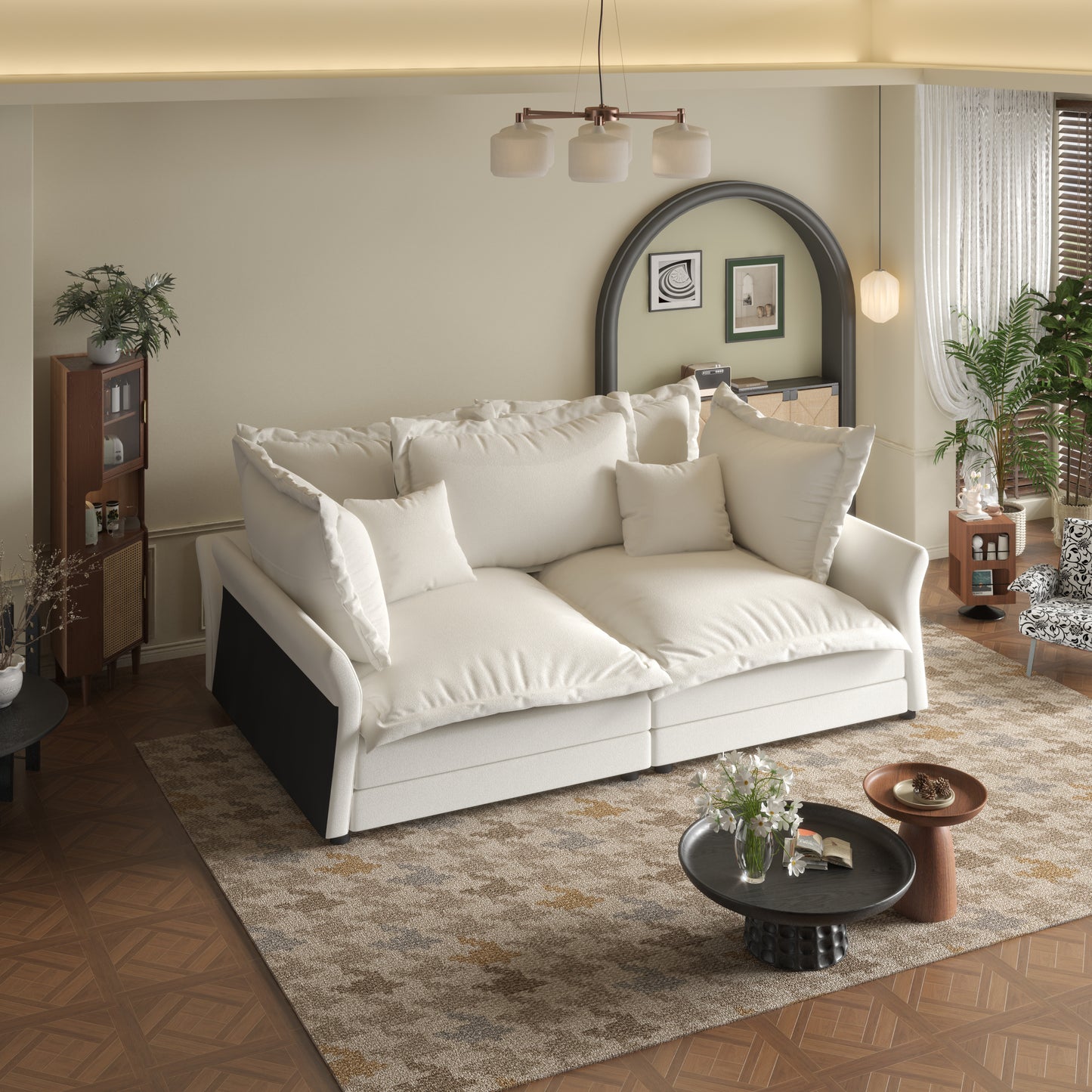 90.55 Modern Comfy Upholstered Sofa Cloud Couch, Deep Seat Couches with Multiple Large Soft Pillows,Convertible Deep Seat Chaise Longue for Living Room Bedroom,Apartment,Office,BEIGE