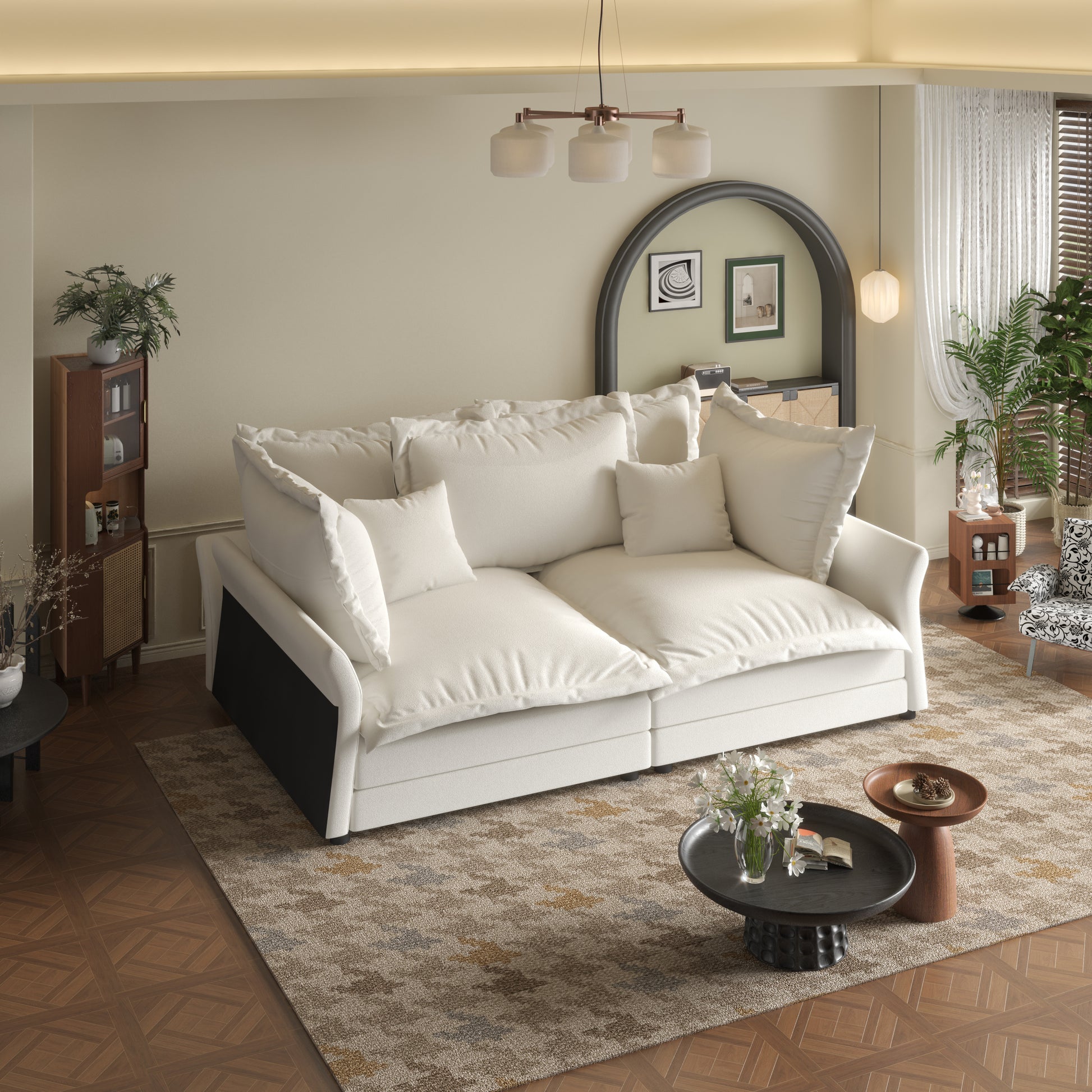 90.55 Modern Comfy Upholstered Sofa Cloud Couch, Deep Seat Couches with Multiple Large Soft Pillows,Convertible Deep Seat Chaise Longue for Living Room Bedroom,Apartment,Office,BEIGE