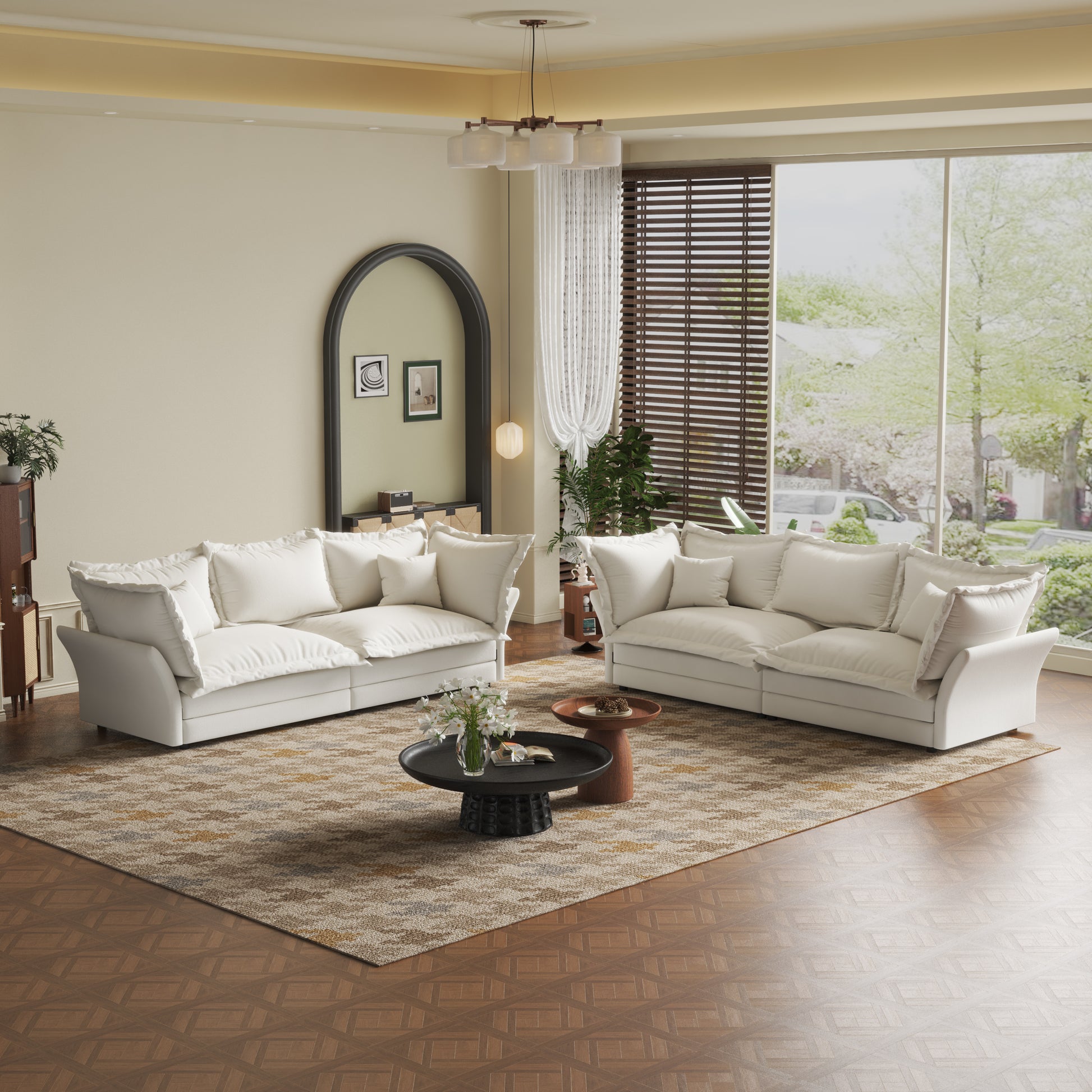 90.55 Modern Comfy Upholstered Sofa Cloud Couch, Deep Seat Couches with Multiple Large Soft Pillows,Convertible Deep Seat Chaise Longue for Living Room Bedroom,Apartment,Office,BEIGE