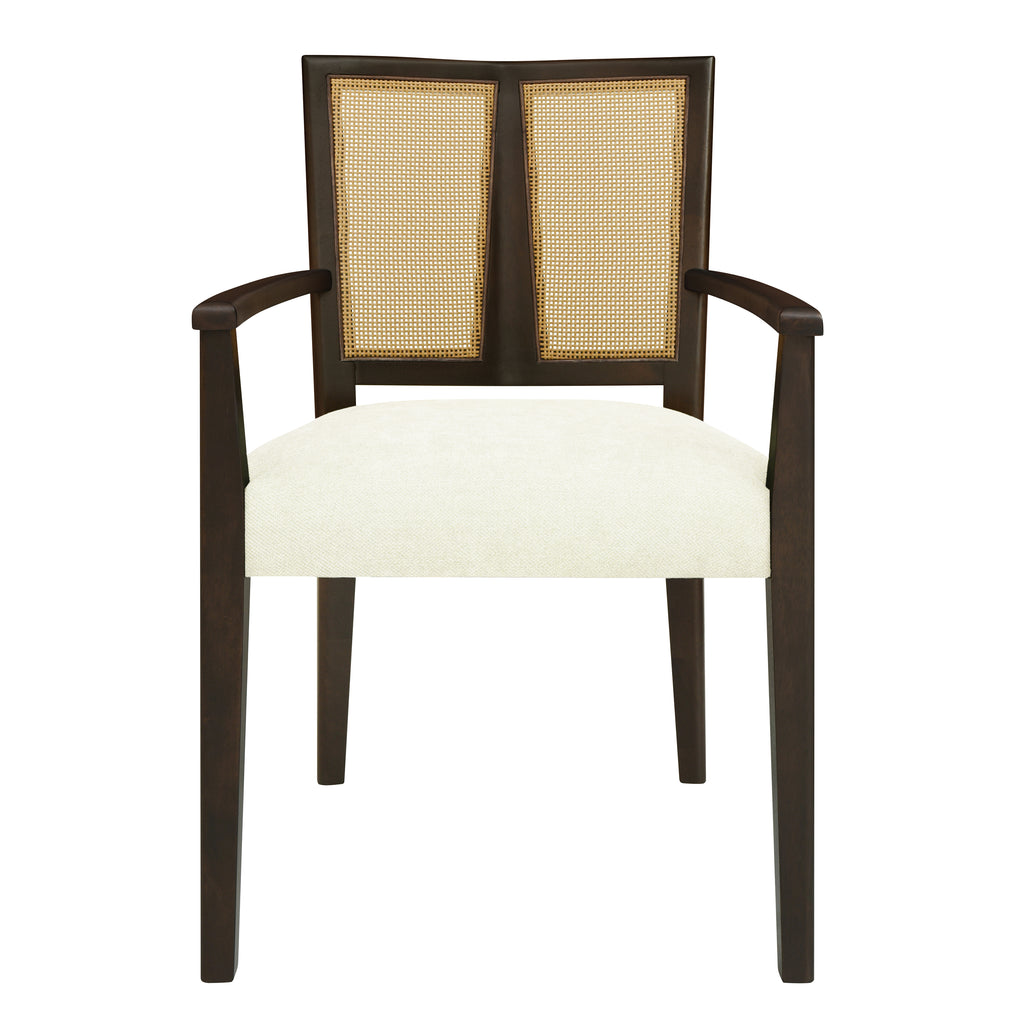 Front view of Mid Century Dining Chair Set with Rattan Back, showing clean lines and soft cream upholstered seat.