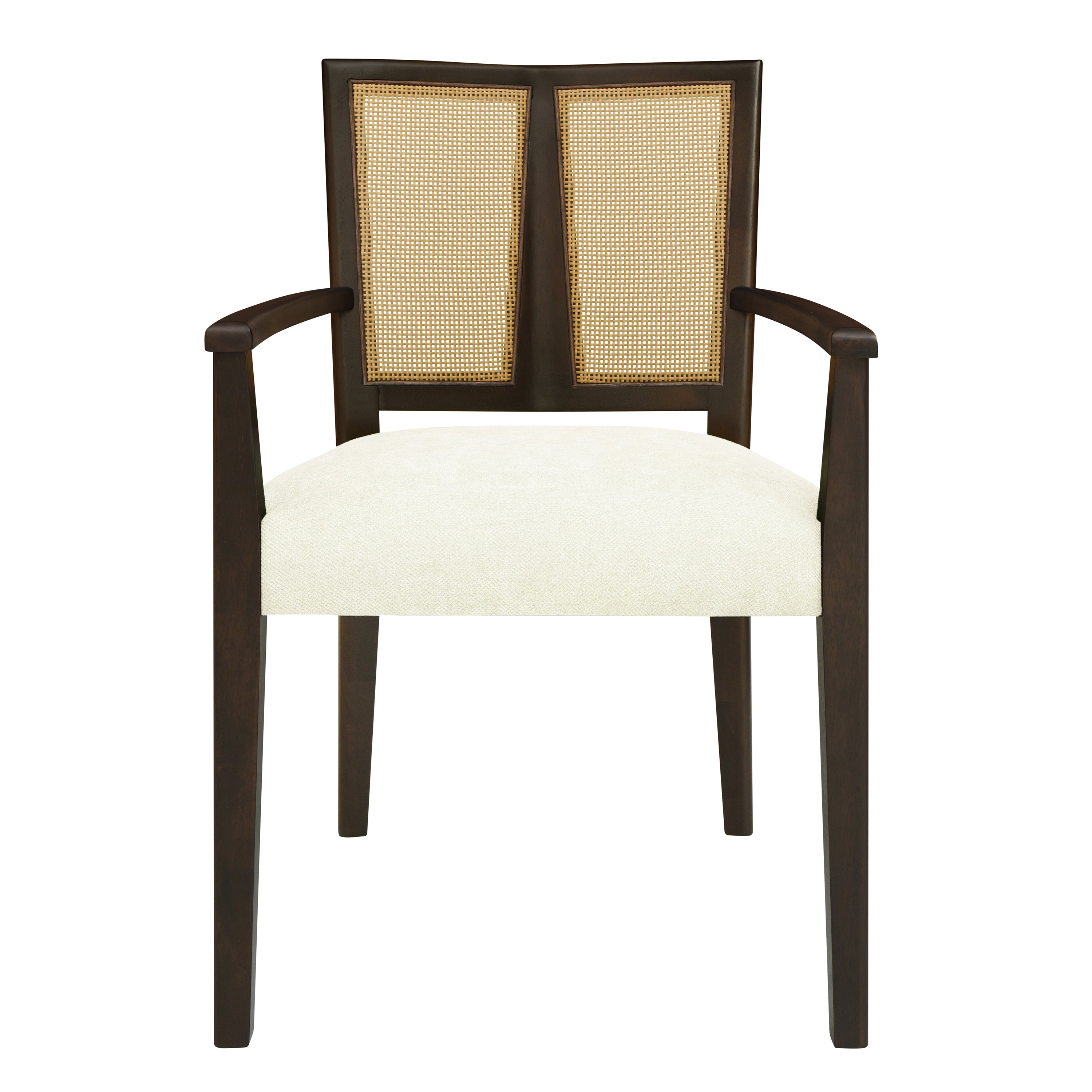 Front view of Mid Century Dining Chair Set with Rattan Back, showing clean lines and soft cream upholstered seat.