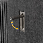 Adjustable reading lamp on queen upholstered bed headboard. Built-in lighting enhances functionality of solid frame and bedside table.