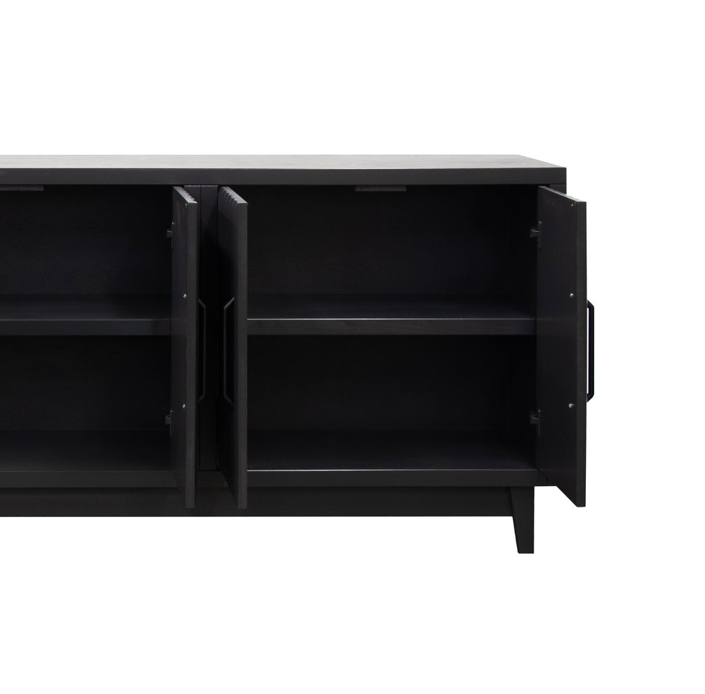 Interior view of 64 inch black cabinet with open doors revealing two shelves. Fully assembled and ideal for concealed storage.