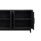 Interior view of 64 inch black cabinet with open doors revealing two shelves. Fully assembled and ideal for concealed storage.