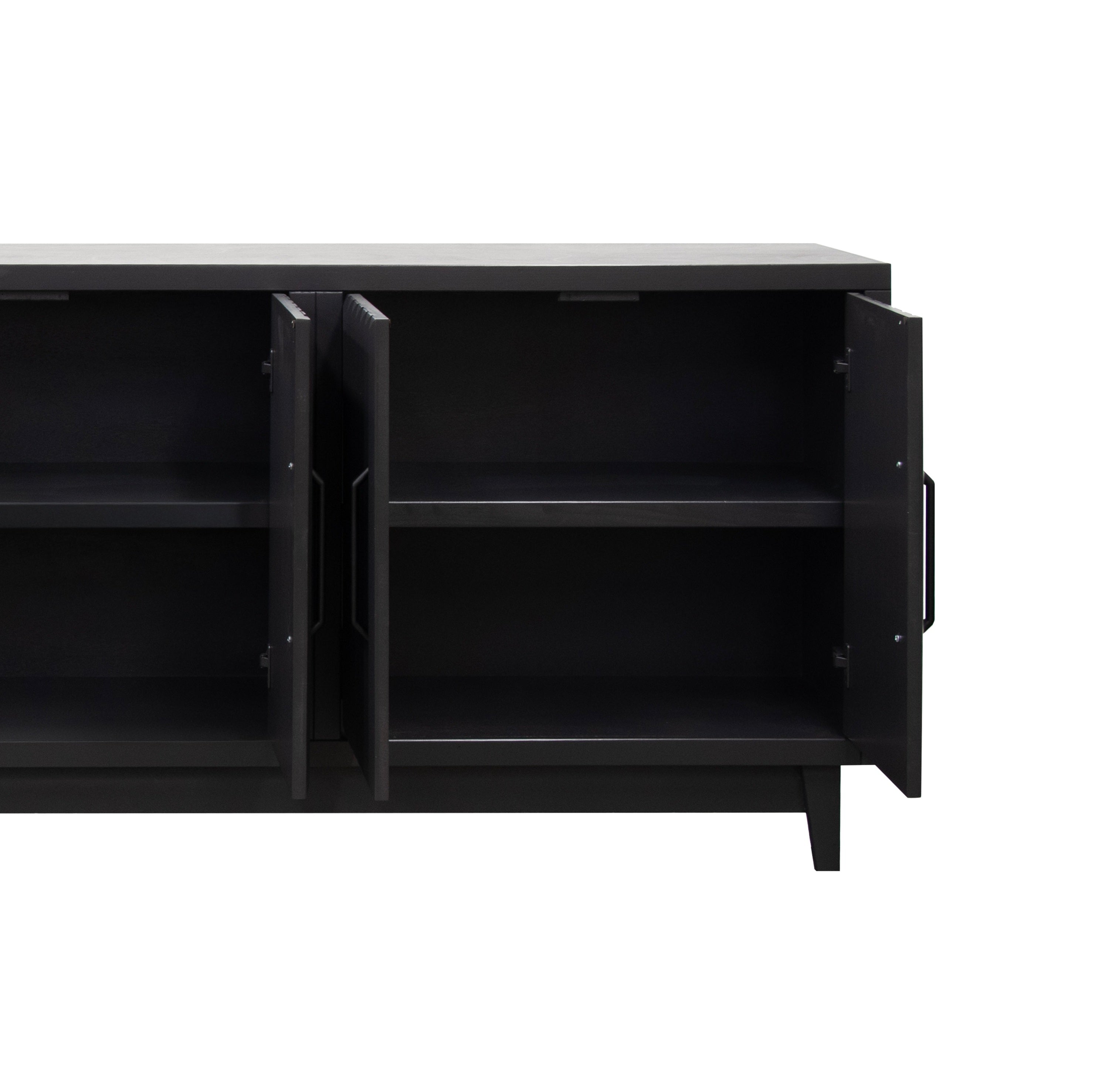 Interior view of 64 inch black cabinet with open doors revealing two shelves. Fully assembled and ideal for concealed storage.