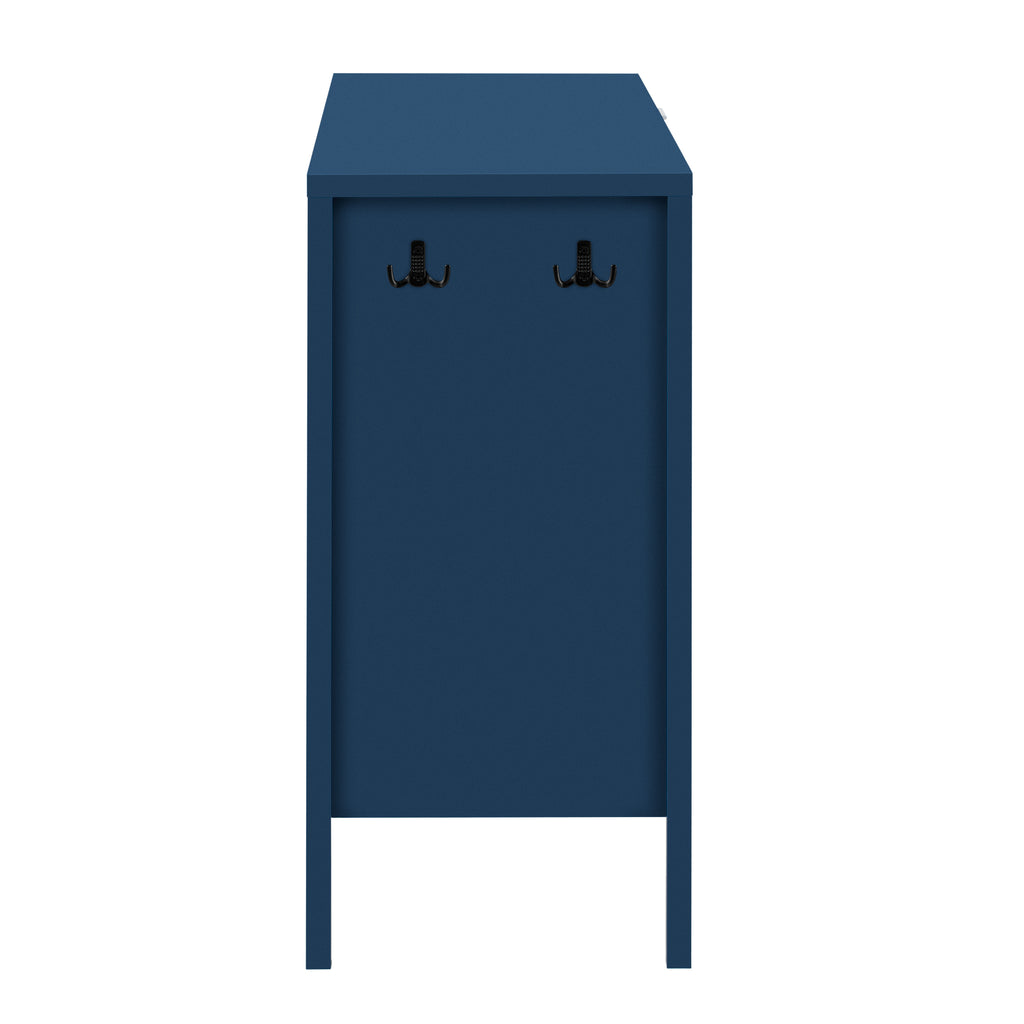 Side view of navy sideboard with dual hooks for hanging items, adding functionality to its modern design.