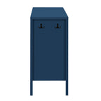 Side view of navy sideboard with dual hooks for hanging items, adding functionality to its modern design.