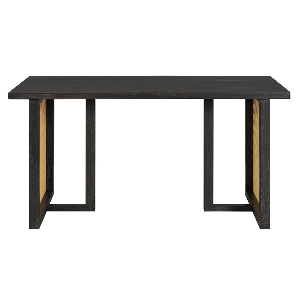 TREXM 7-Piece Farmhouse Dining Table Set for 6 - 59.8' Rectangular Dining Table with Distressed Oak Veneer and 6 Rattan Chairs, Rustic Kitchen Furniture for Dining Room(Espresso)
