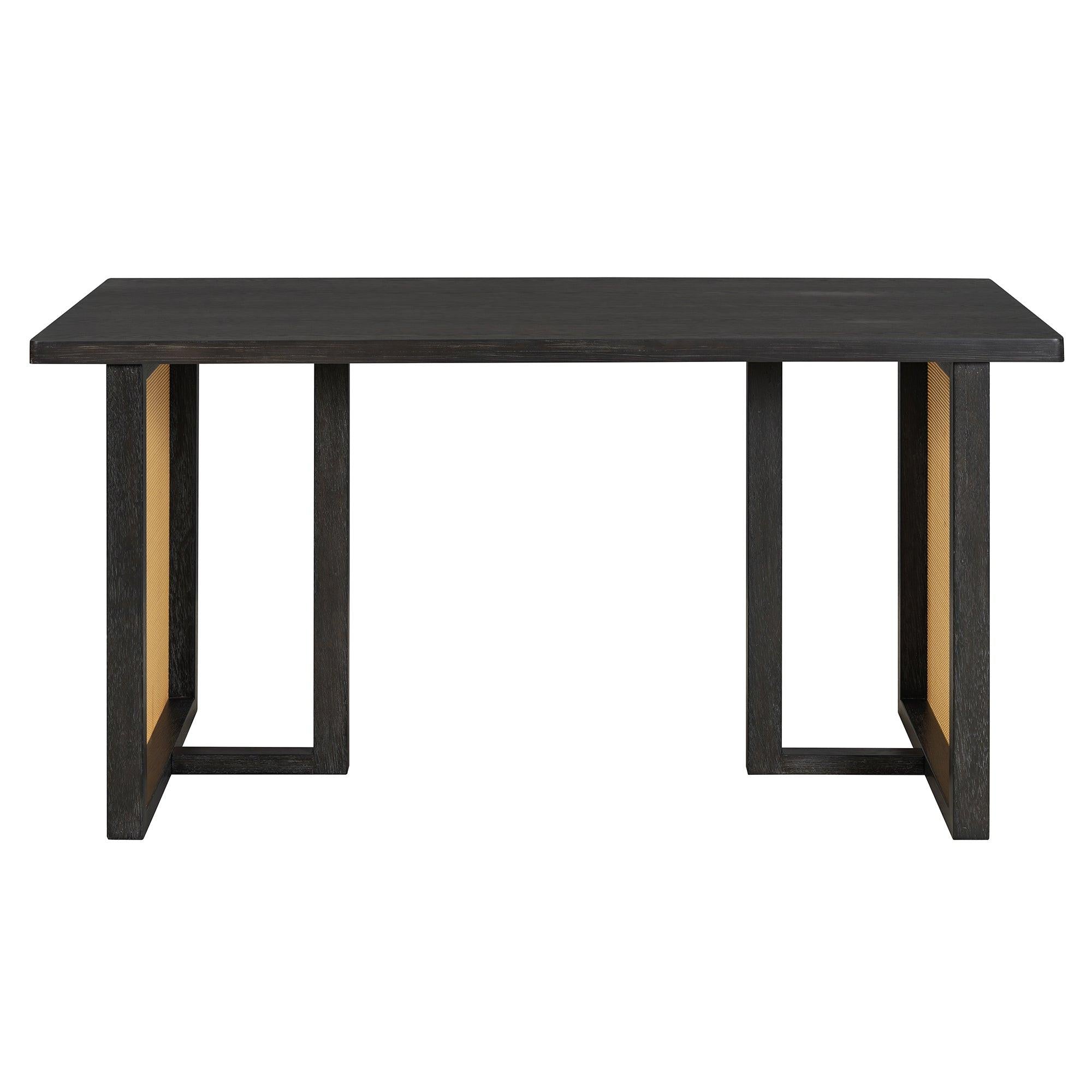 TREXM 7-Piece Farmhouse Dining Table Set for 6 - 59.8' Rectangular Dining Table with Distressed Oak Veneer and 6 Rattan Chairs, Rustic Kitchen Furniture for Dining Room(Espresso)