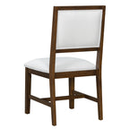 Rear view of farmhouse dining chair with white upholstery and solid wood frame. Complements farmhouse dining table sets.