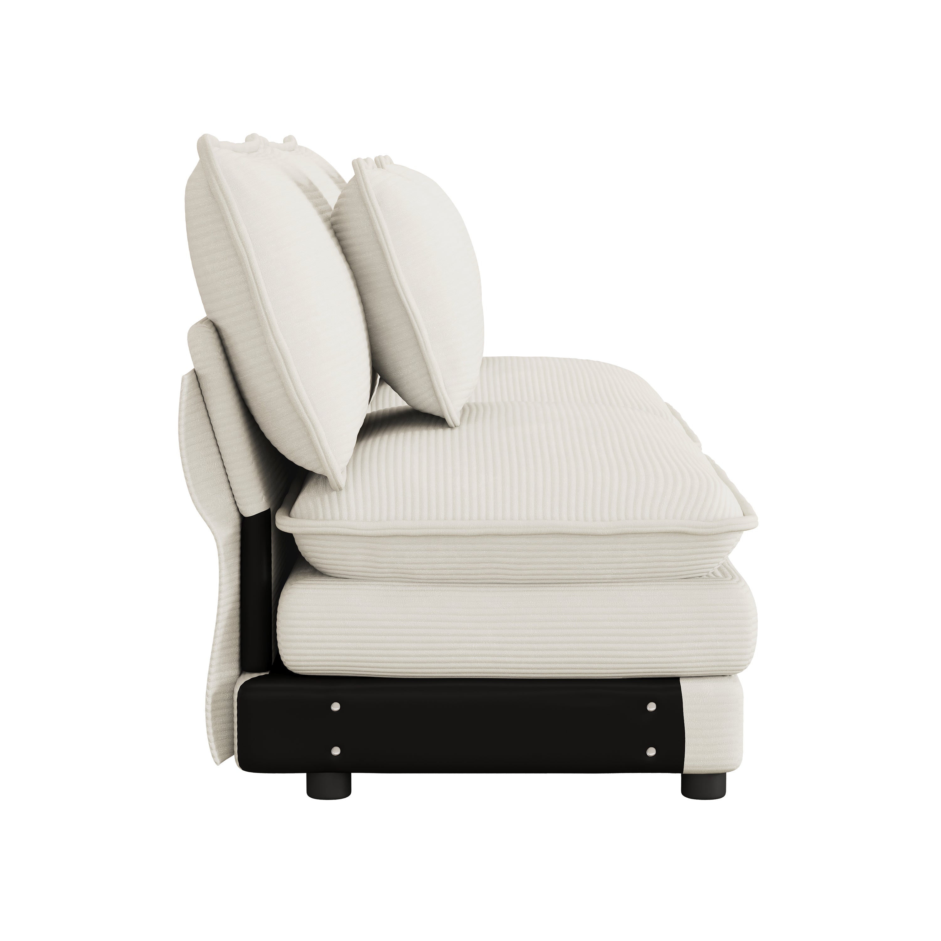 Side view of Modular Corduroy Sofa Beige - Stylish and Comfortable showing cushion layers and sturdy black frame support.