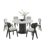 Valencia Dining Set - 7-Piece Marble featuring round faux marble table with gray pedestal base and 6 cushioned chairs in a white backdrop.