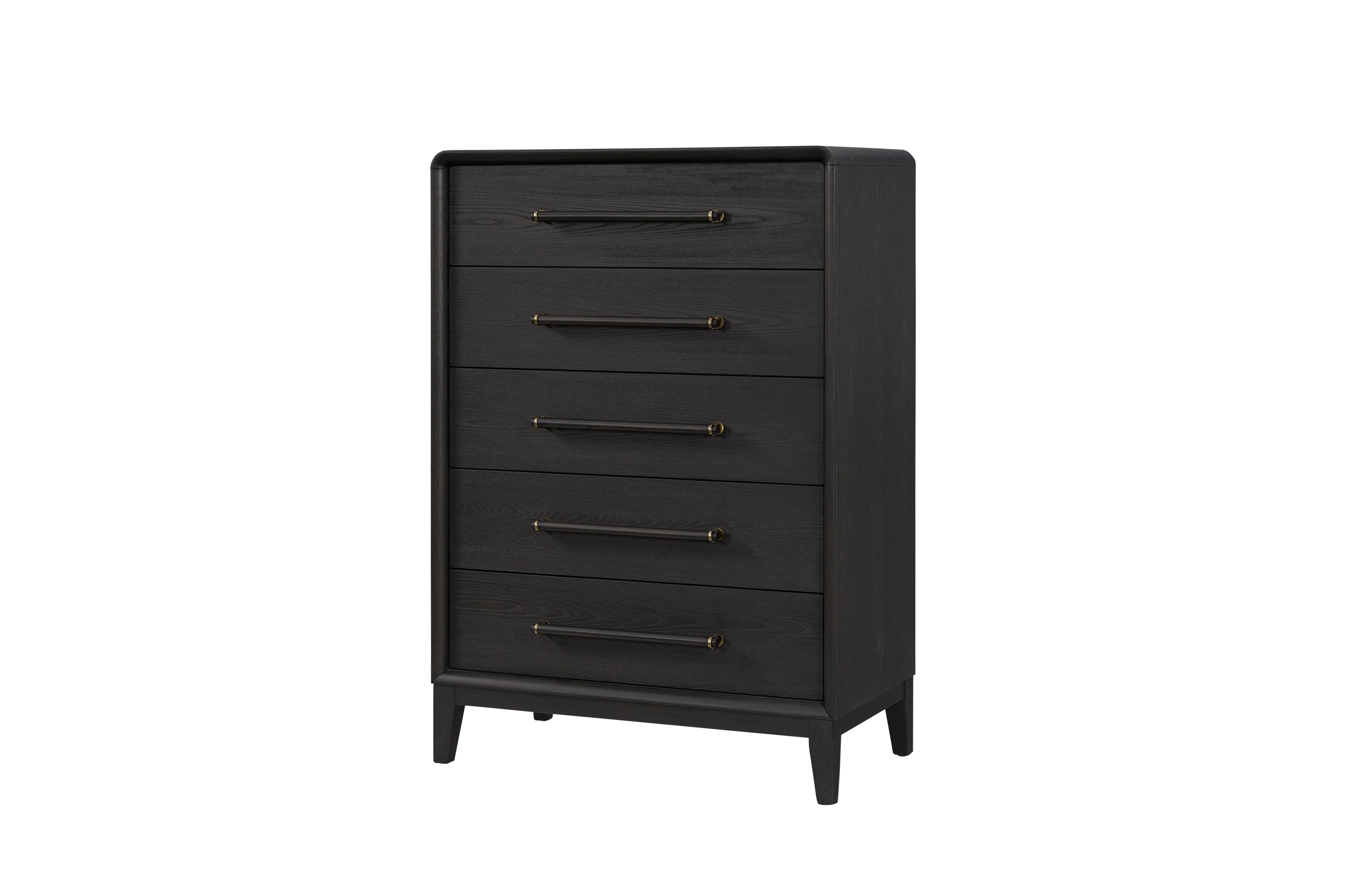 Angled view of Small Peppercorn Chest with 5 spacious drawers and modern black finish, crafted from solid wood and MDF for durability.