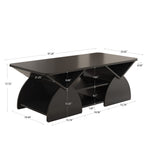 Dimension diagram of engineered wood coffee table with geometric storage design, showing measurements in inches.