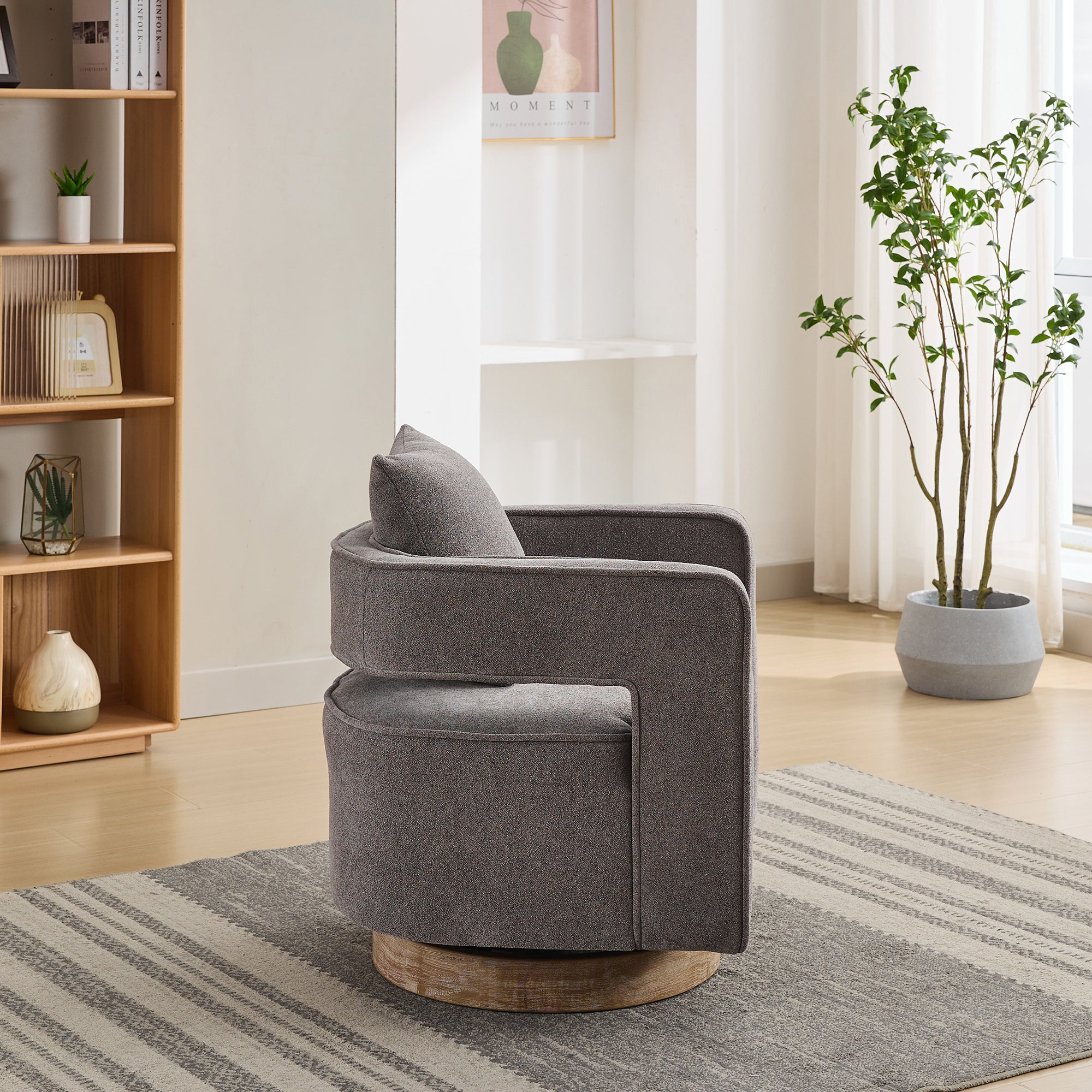 Side profile of Swivel Open Back Chair with curved armrests, linen blend upholstery, and rustic wood base for modern home decor.