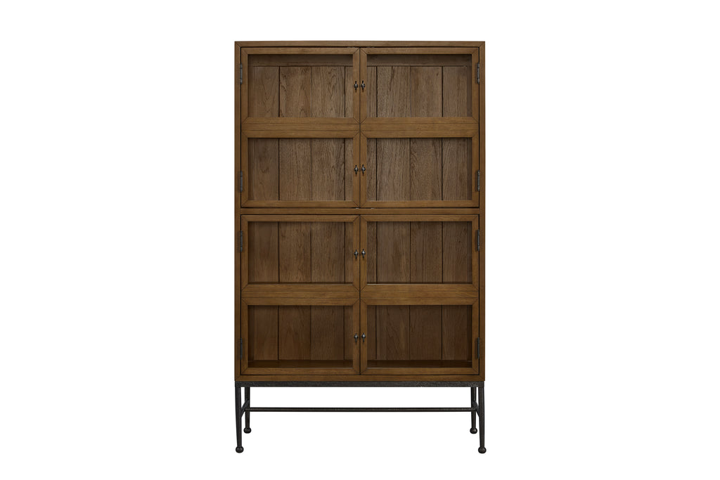 Almond-colored wood bookcase with four glass-front cabinet doors and a sleek black metal base.
