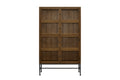 Almond-colored wood bookcase with four glass-front cabinet doors and a sleek black metal base.