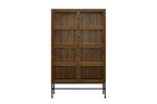 Almond-colored wood bookcase with four glass-front cabinet doors and a sleek black metal base.