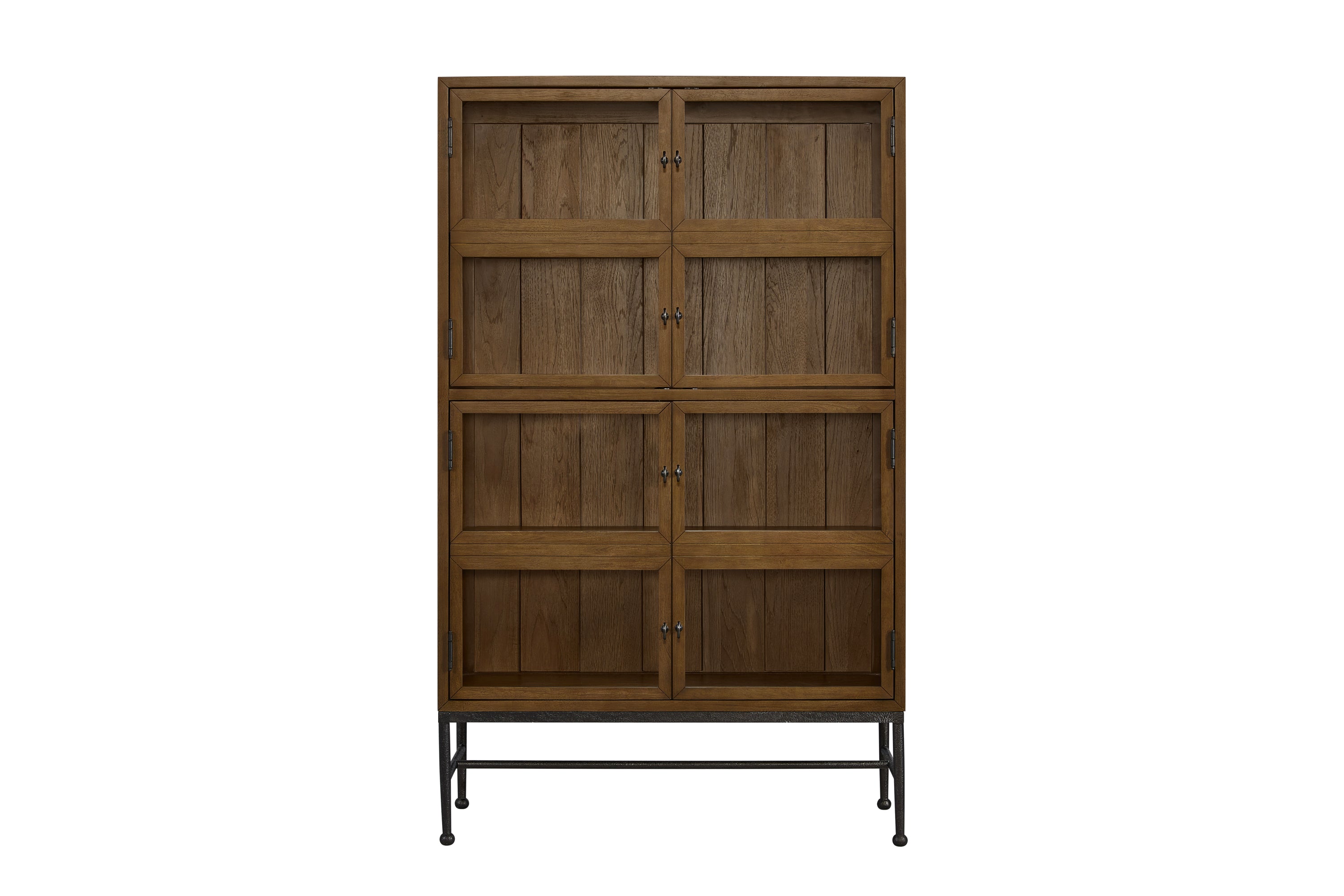 Almond-colored wood bookcase with four glass-front cabinet doors and a sleek black metal base.